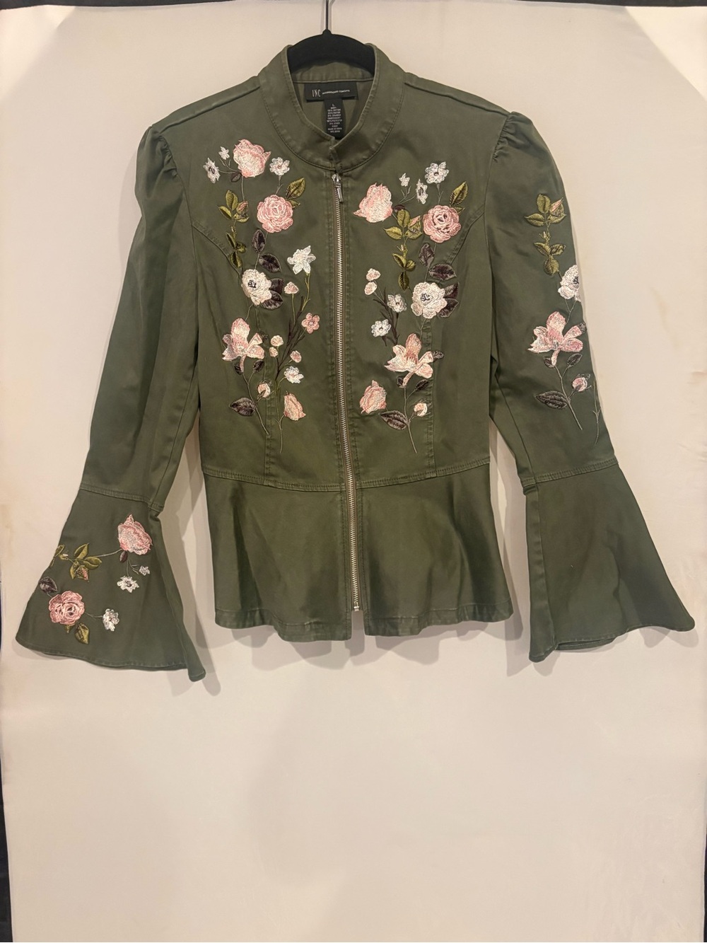 INC International Concepts Olive Utility Jacket with Floral Embroidery